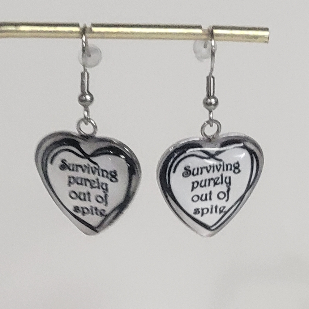 Custom Back Surviving Purely Out Of Spite 😛 Heart Earrings Dark Funny Got - Picture 3 of 8